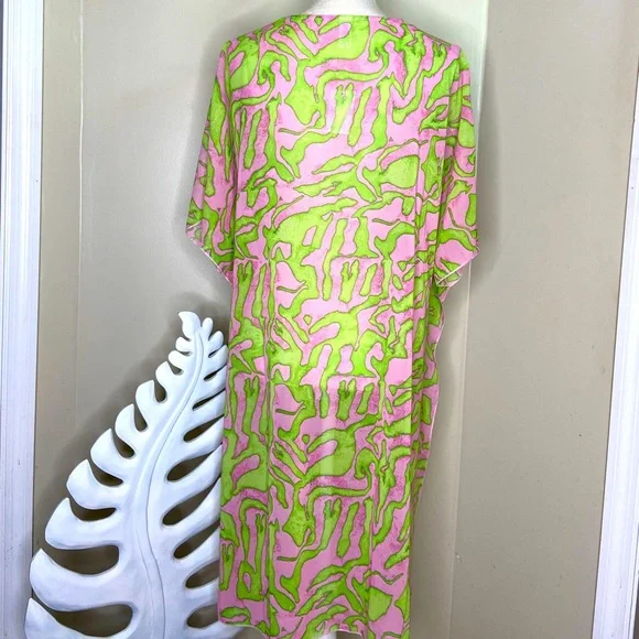 Bright Green & Pink Zebra Print Semi Sheer One Size Open Sleeve Duster Cover Up - Picture 3 of 3